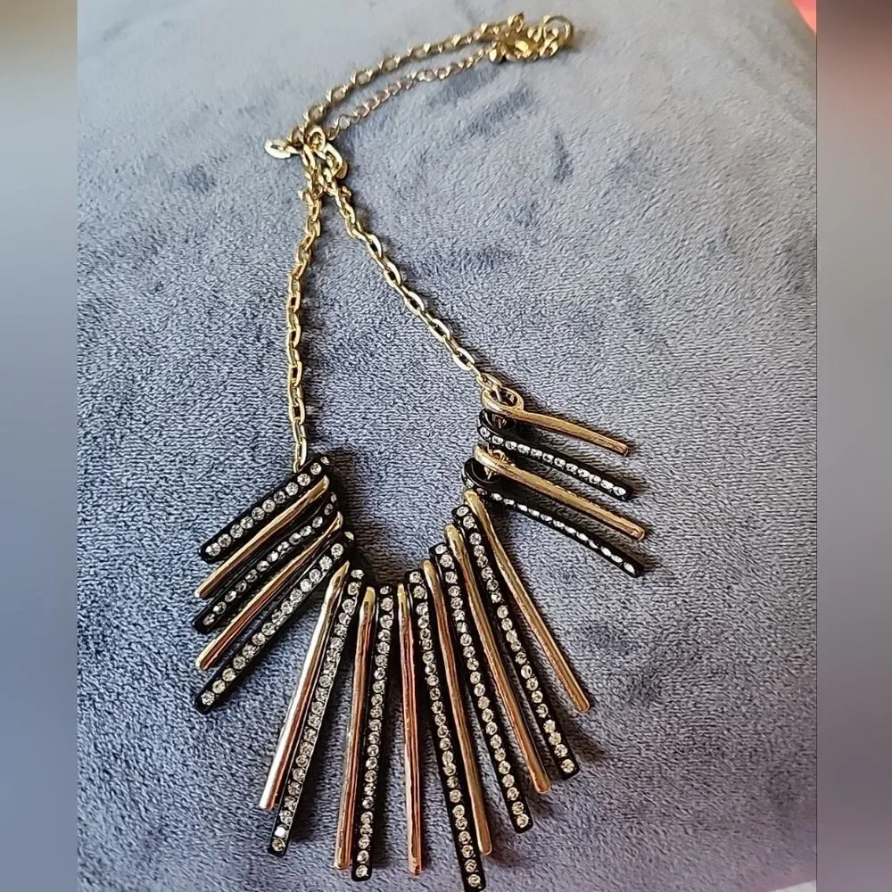 Vintage Tribal Bib Necklace Gold Black Faux Diamonds